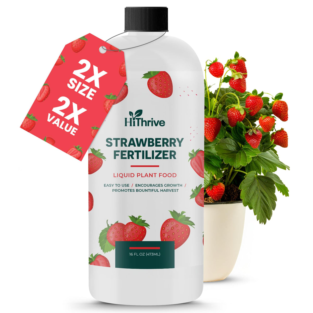 HiThrive strawberry fertilizer bottle ready for easy feeding.