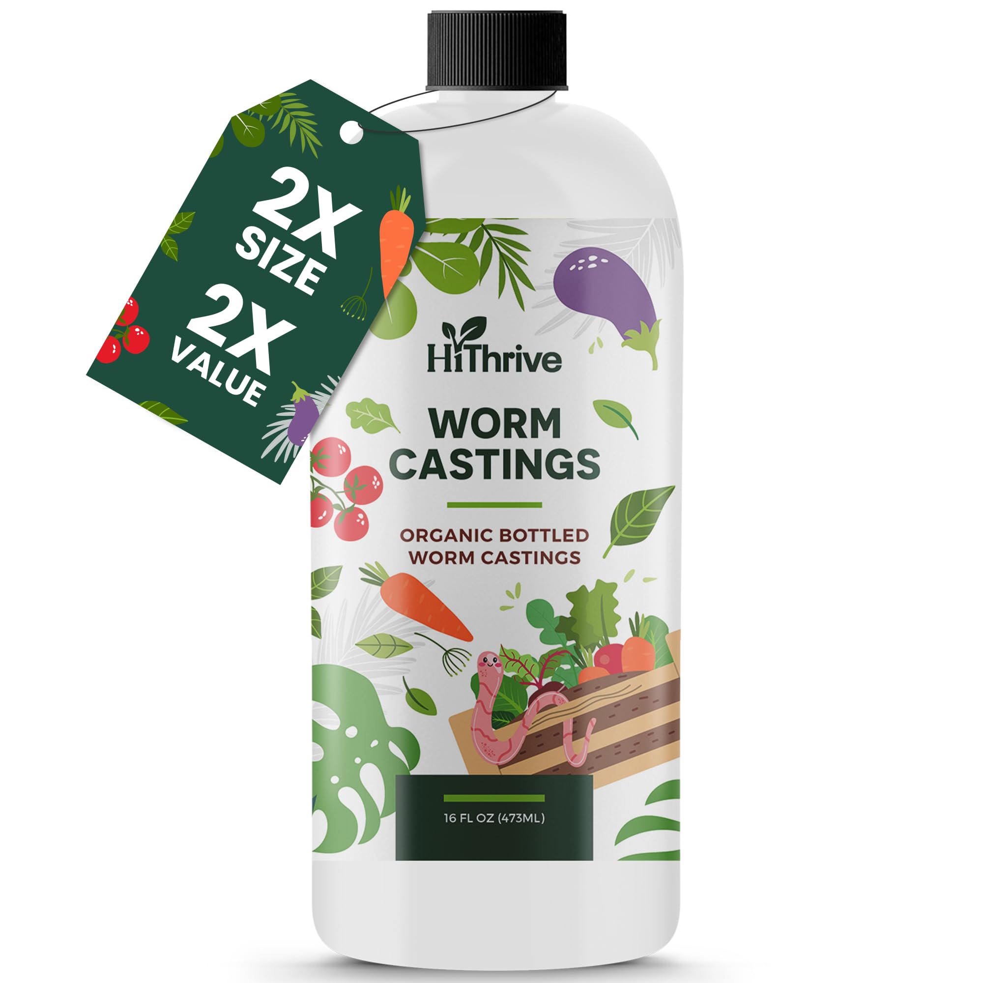 HiThrive 16oz worm castings bottle showing soil-enriching formula