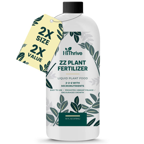 HiThrive ZZ Plant Fertilizer bottle pouring for even distribution and vibrant leaves.