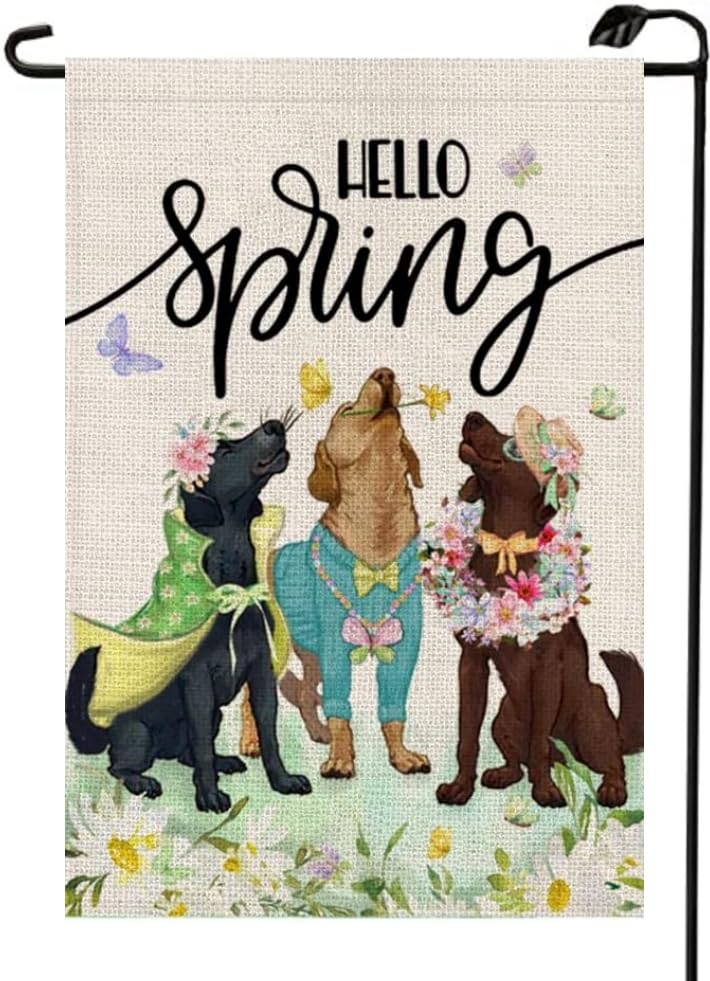 HIUCUS Dog Hello Spring Garden Flag, double-sided burlap yard flag for outdoor seasonal charm.