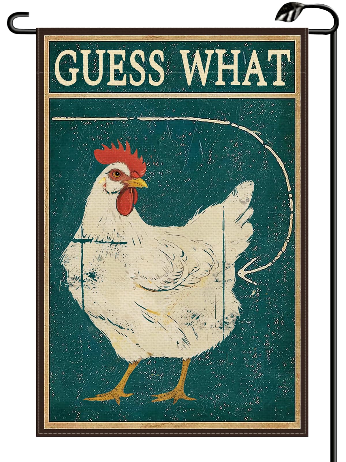 HiUCUS Funny 'Guess What' chicken sign flag, double-sided, ideal for cheerful garden decor.
