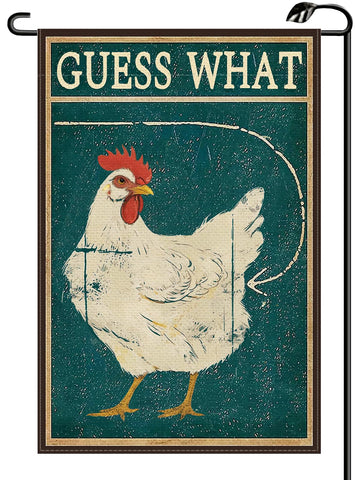 HiUCUS Funny 'Guess What' chicken sign flag, double-sided, ideal for cheerful garden decor.