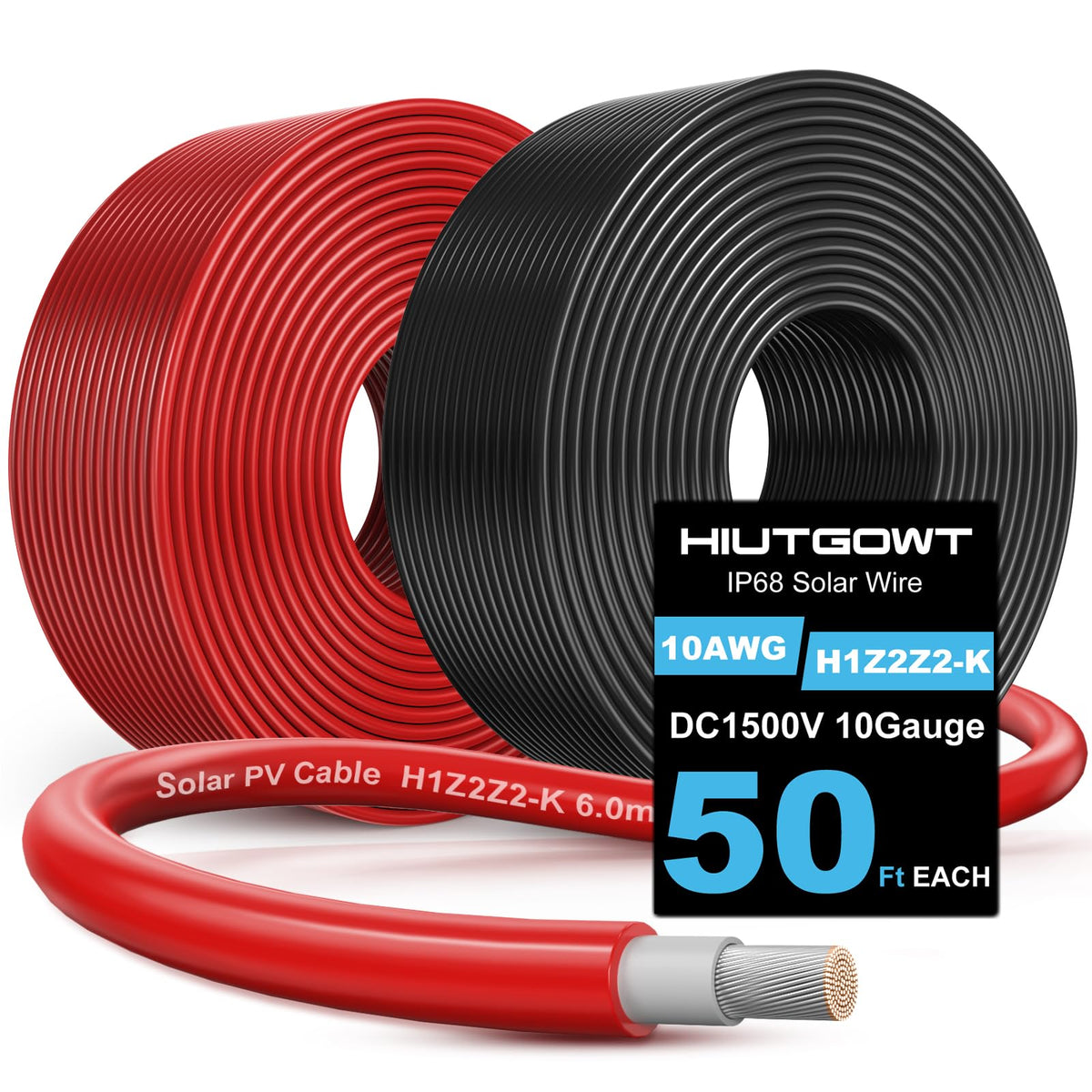 Hiutgowt 10AWG solar wire 50ft spool in black and red for durable outdoor PV installations