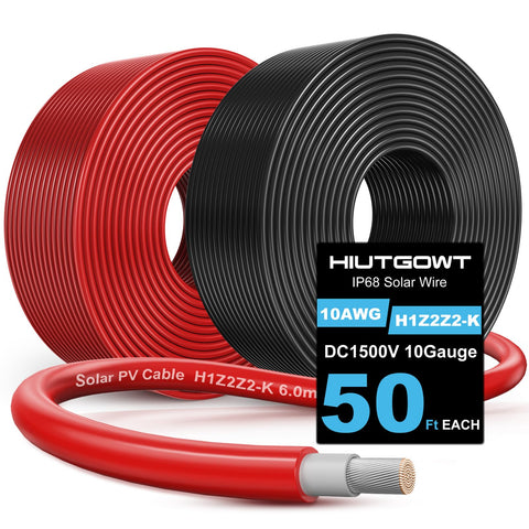Hiutgowt 10AWG solar wire 50ft spool in black and red for durable outdoor PV installations