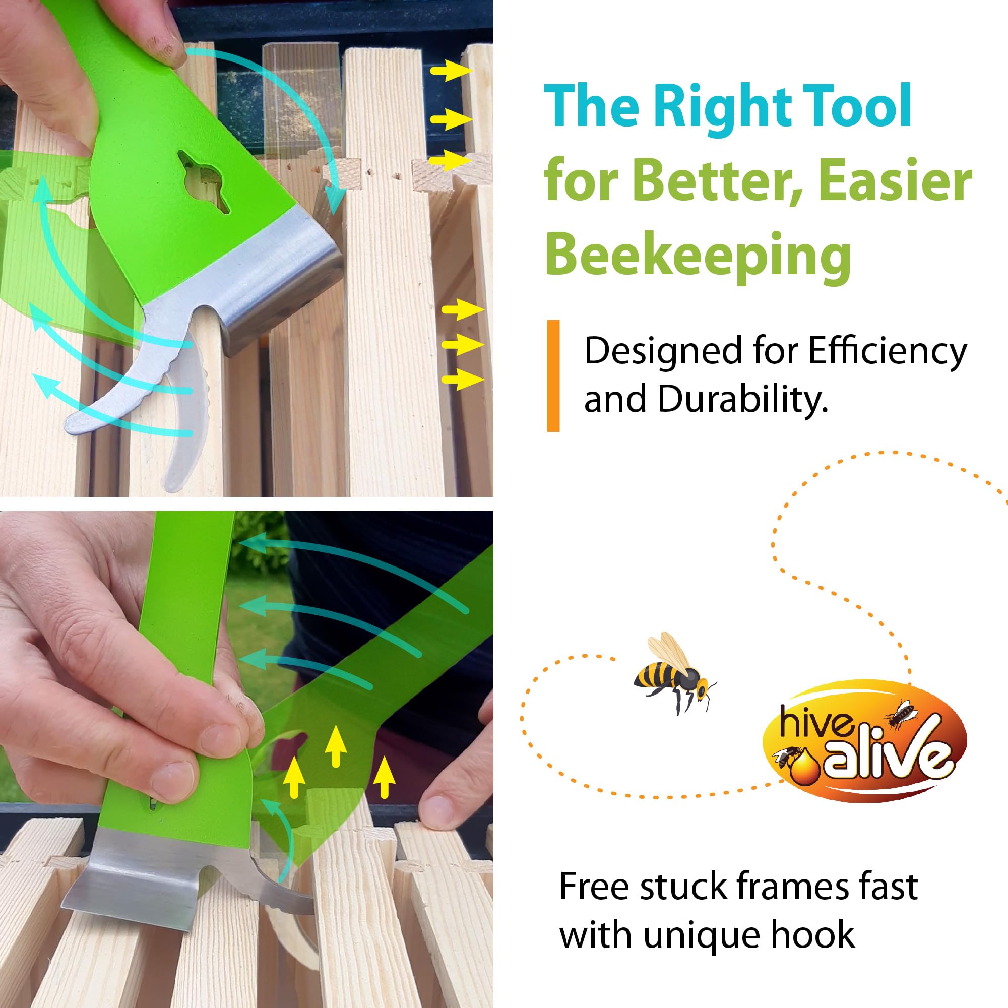 HIVE ALIVE tool easily reaches tight spaces between supers with a slim scraper edge.