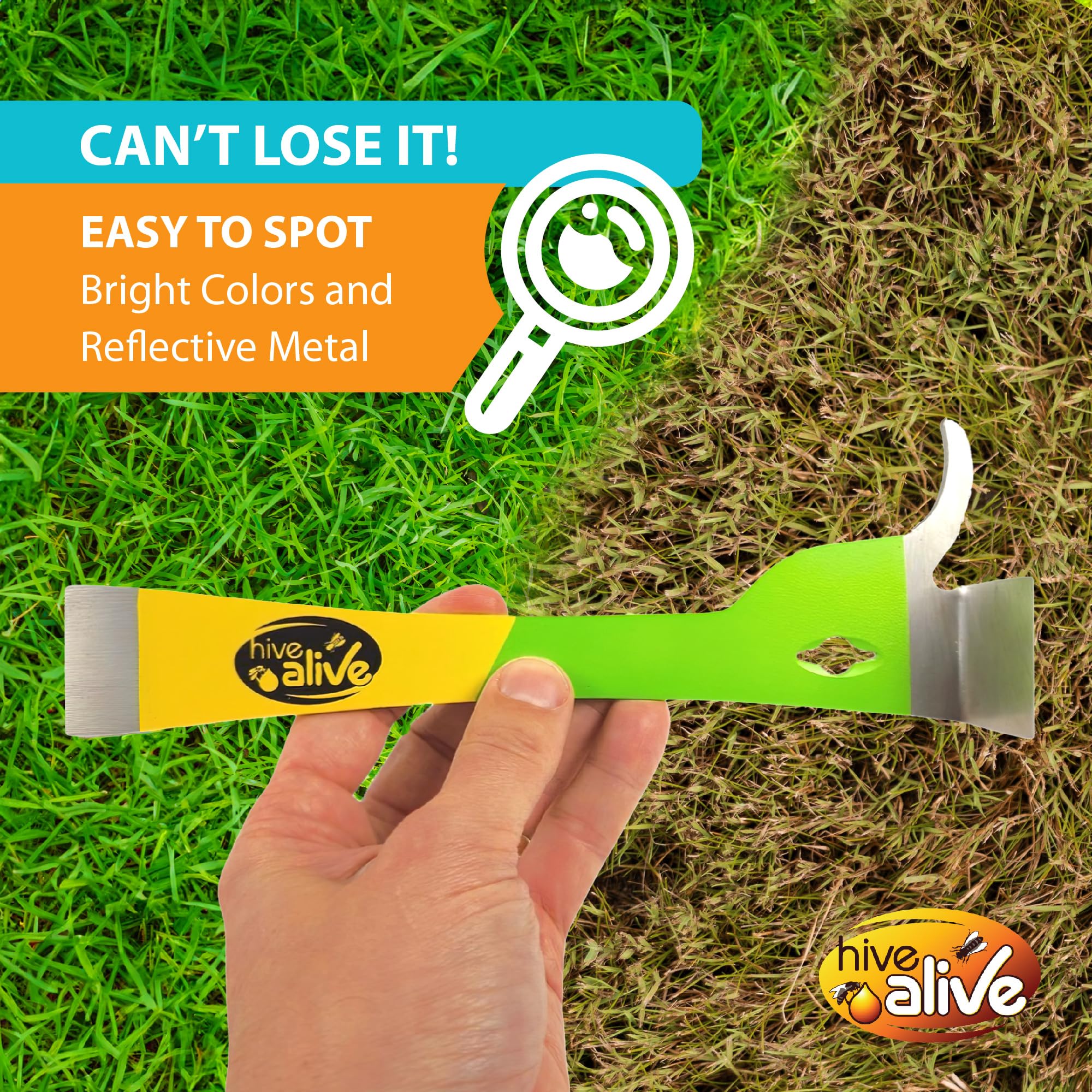 HIVE ALIVE tool features two-tone yellow and green for standout visibility in vegetation.