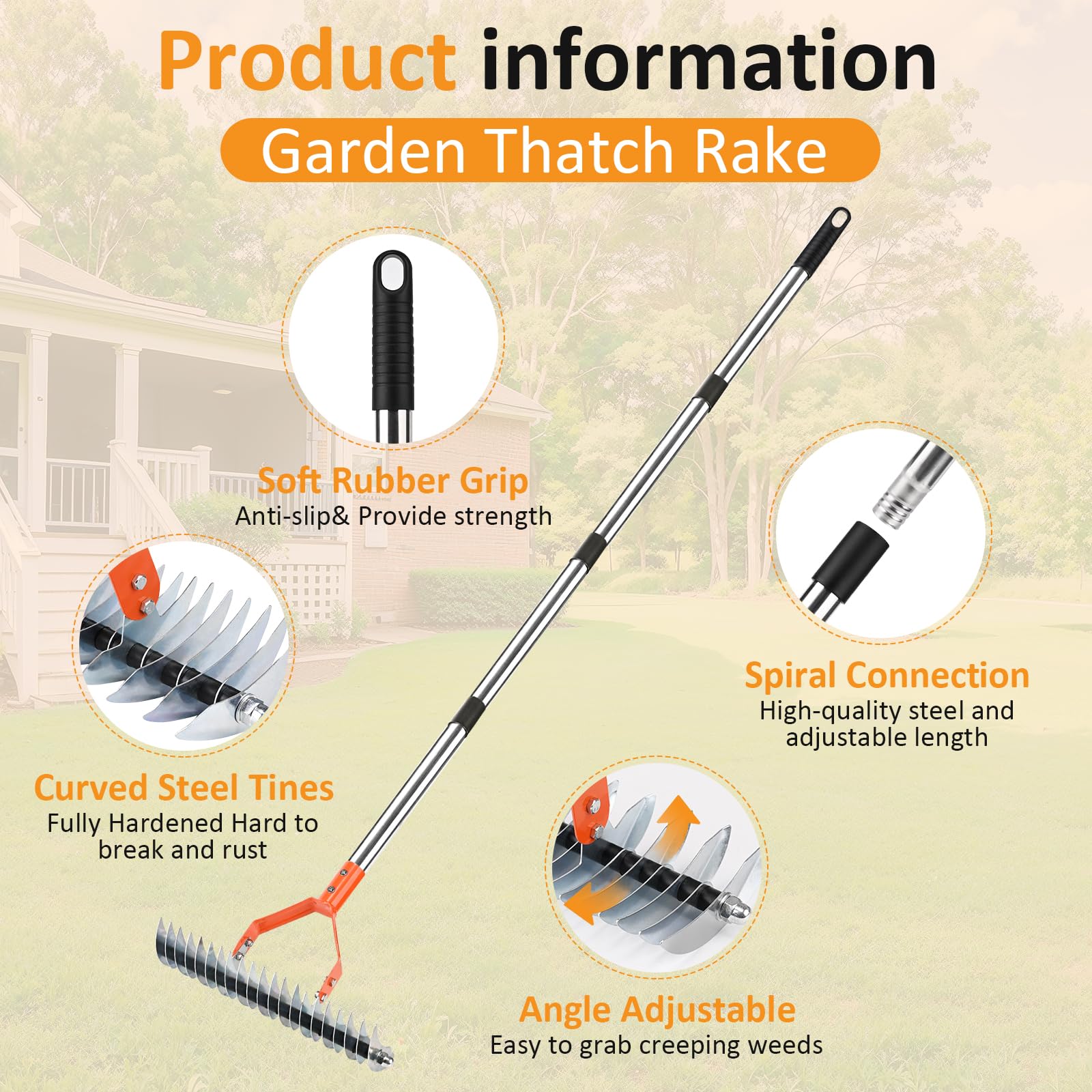 Hivenlly Thatch Rake adjustable length handle for comfortable gardening sessions.