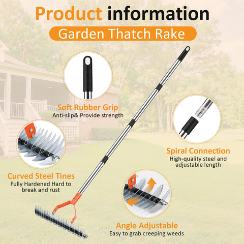Hivenlly Thatch Rake adjustable length handle for comfortable gardening sessions.