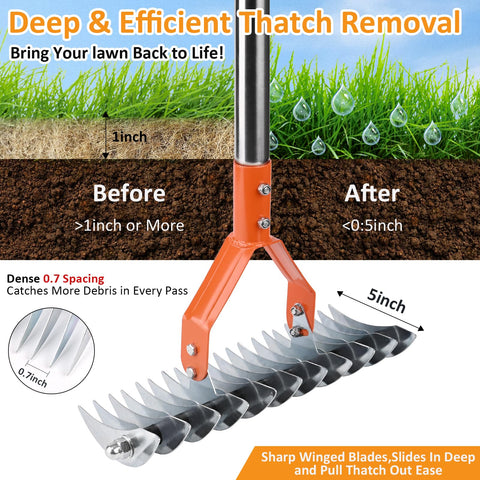 Hivenlly Thatch Rake ergonomic handle design reduces strain during raking.