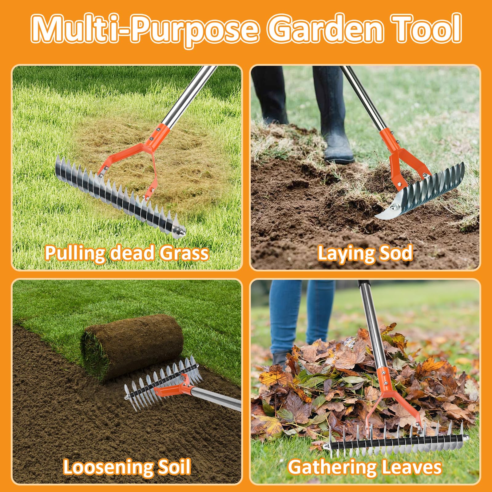 Hivenlly Thatch Rake versatile yard tool for lawn care and debris cleanup.