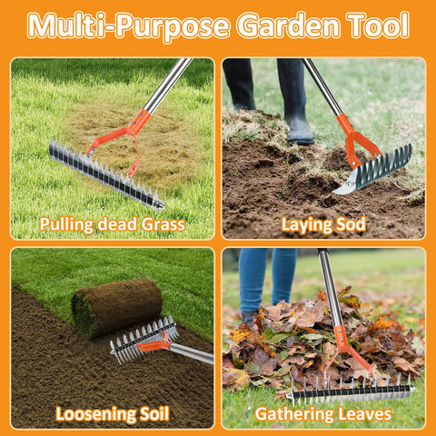 Hivenlly Thatch Rake versatile yard tool for lawn care and debris cleanup.