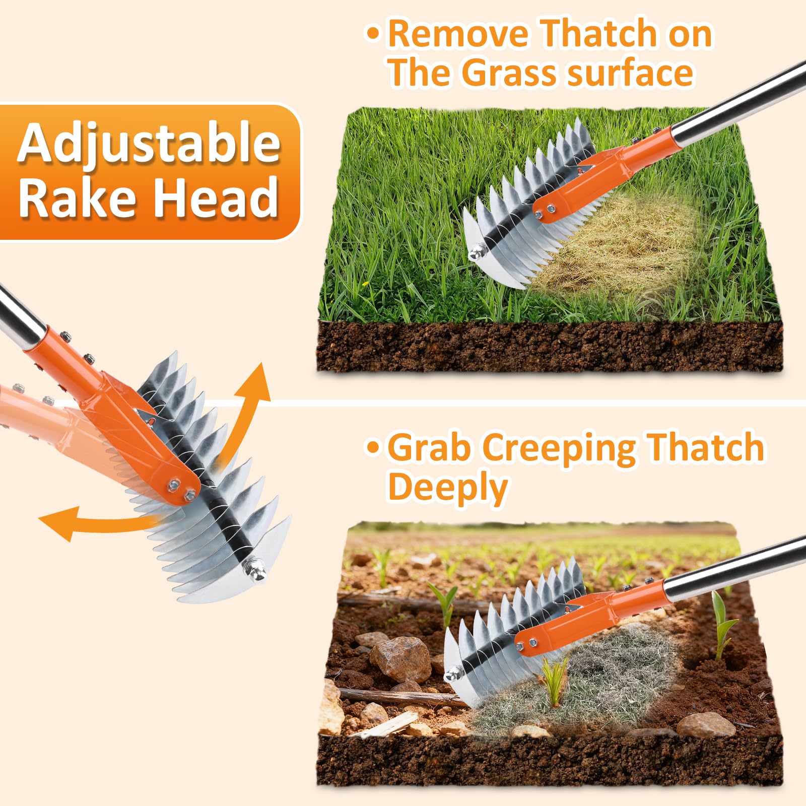 Hivenlly Thatch Rake durable stainless steel body for long lasting outdoor use.