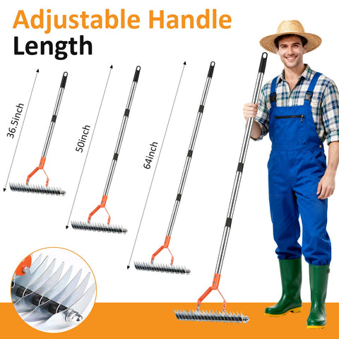 Hivenlly Thatch Rake wide head for efficient thatch removal and lawn cleanup.