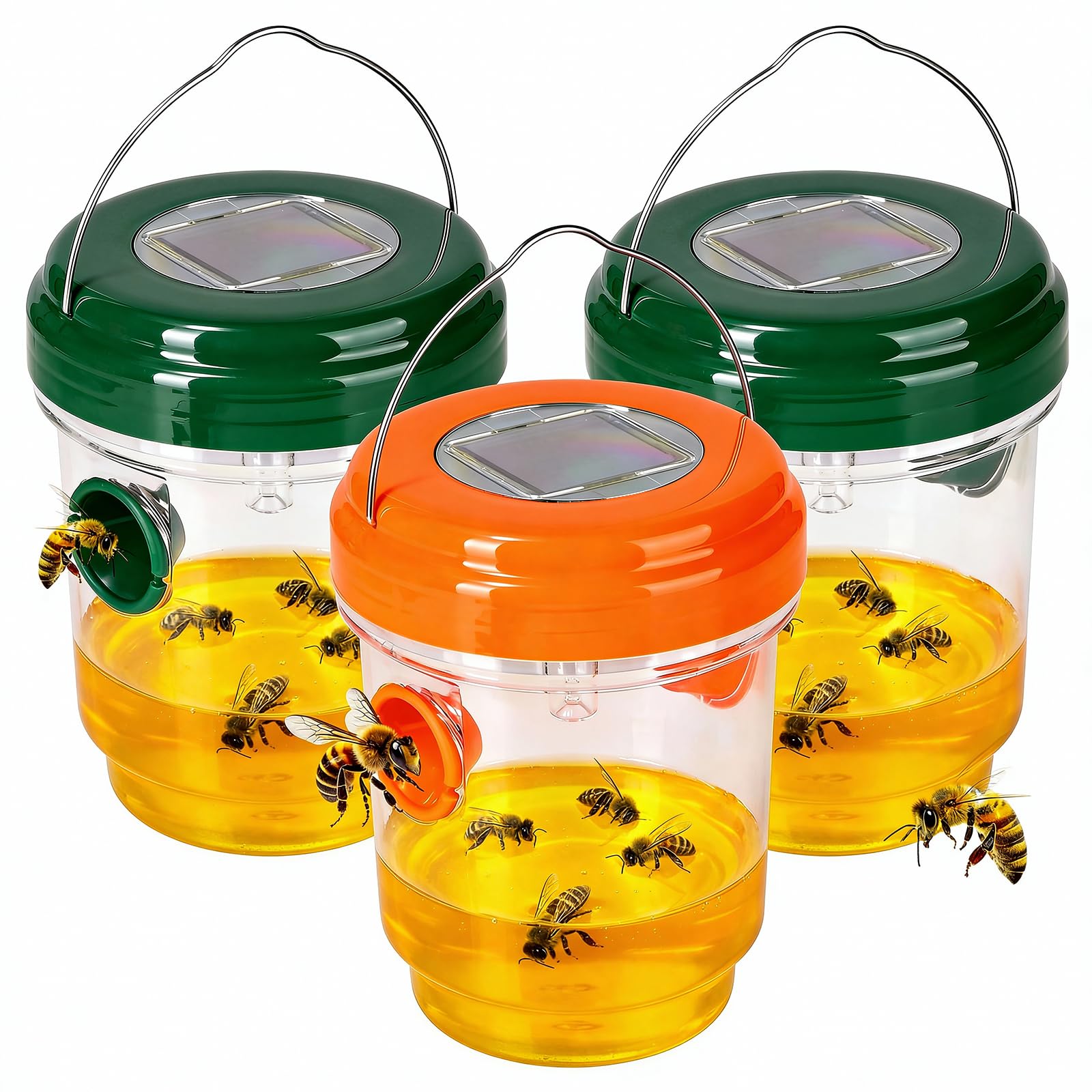 Hivenlly Wasp Catcher hanging on a deck for chemical-free outdoor pest control.
