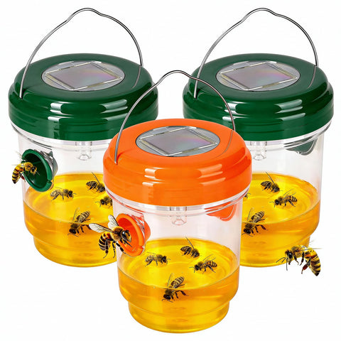 Hivenlly Wasp Catcher hanging on a deck for chemical-free outdoor pest control.