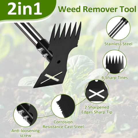Hivenlly 2-in-1 head weed rake and hoe enables versatile weeding.