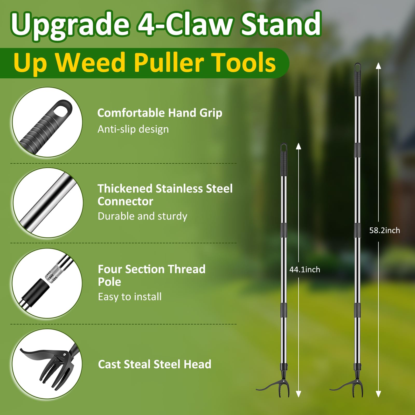 Hivenlly 4-claw steel head grips weed centers for efficient removal.