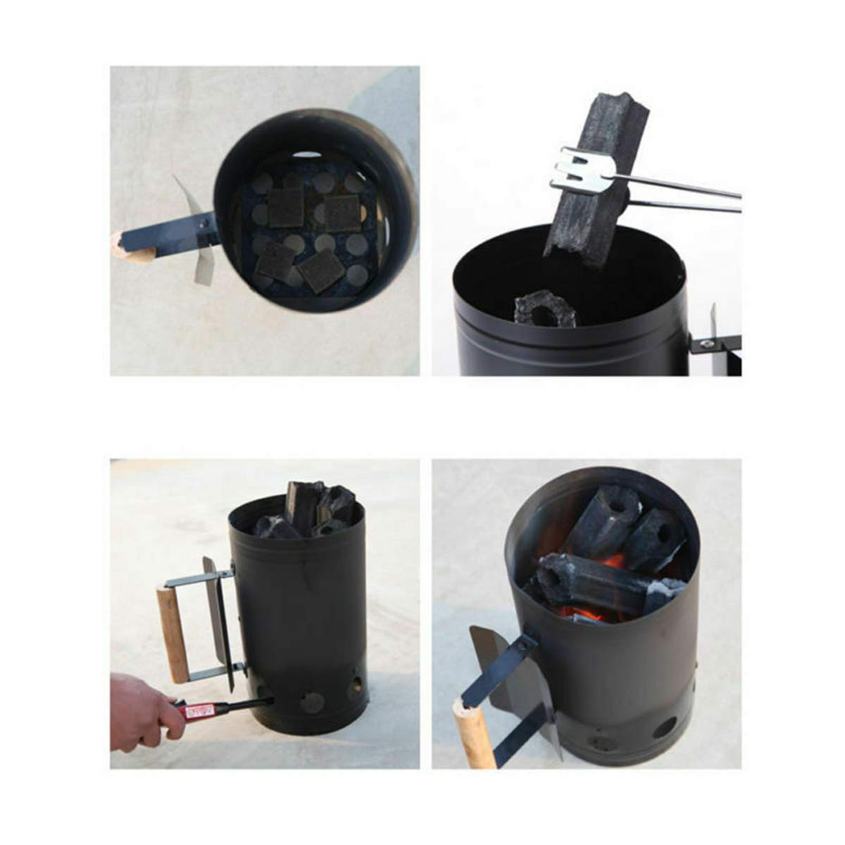 HiwowSport Charcoal Chimney Starter in use at outdoor barbecue