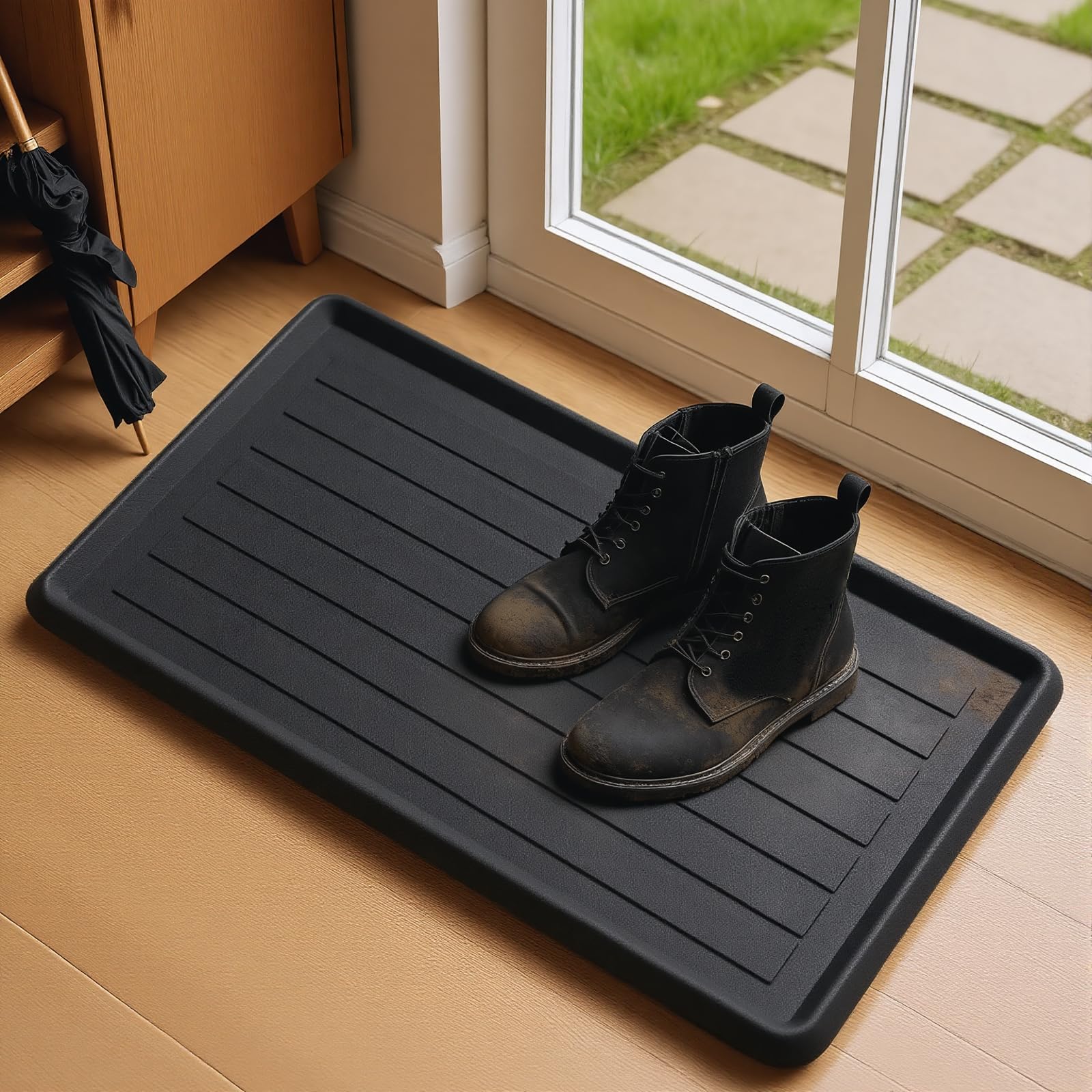 HIYARD boot tray at entryway traps water to protect floors.