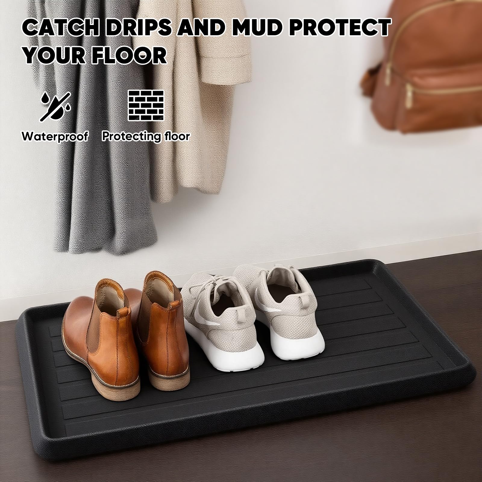 HIYARD boot tray with non-slip base keeps tall boots from sliding.