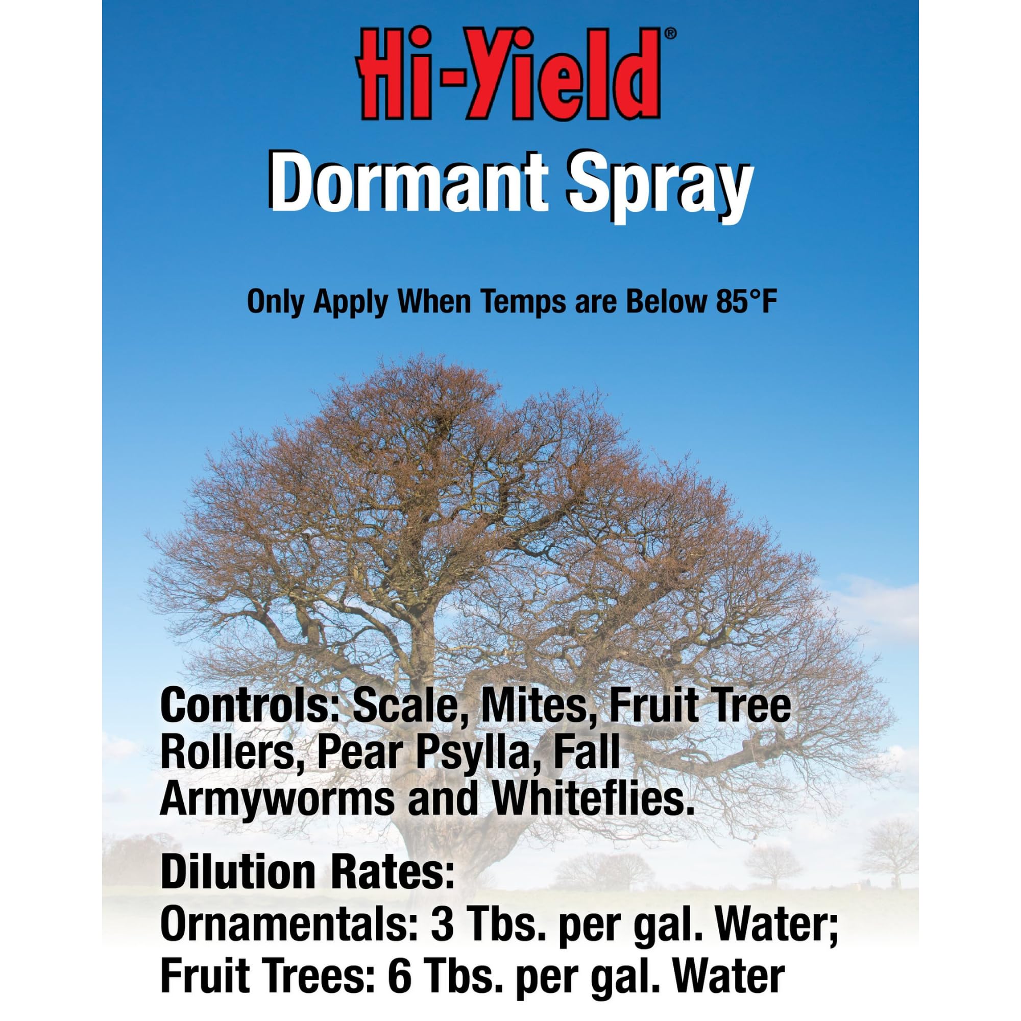 Hi-Yield VPG DPD Dormant Spray Oil bottle applying to a tree.