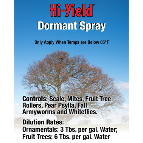 Hi-Yield VPG DPD Dormant Spray Oil bottle applying to a tree.