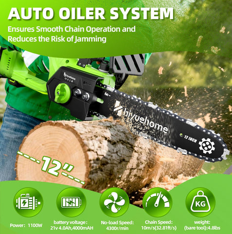 Hiyuehome cordless chainsaw with automatic oiling for smooth, uninterrupted cuts