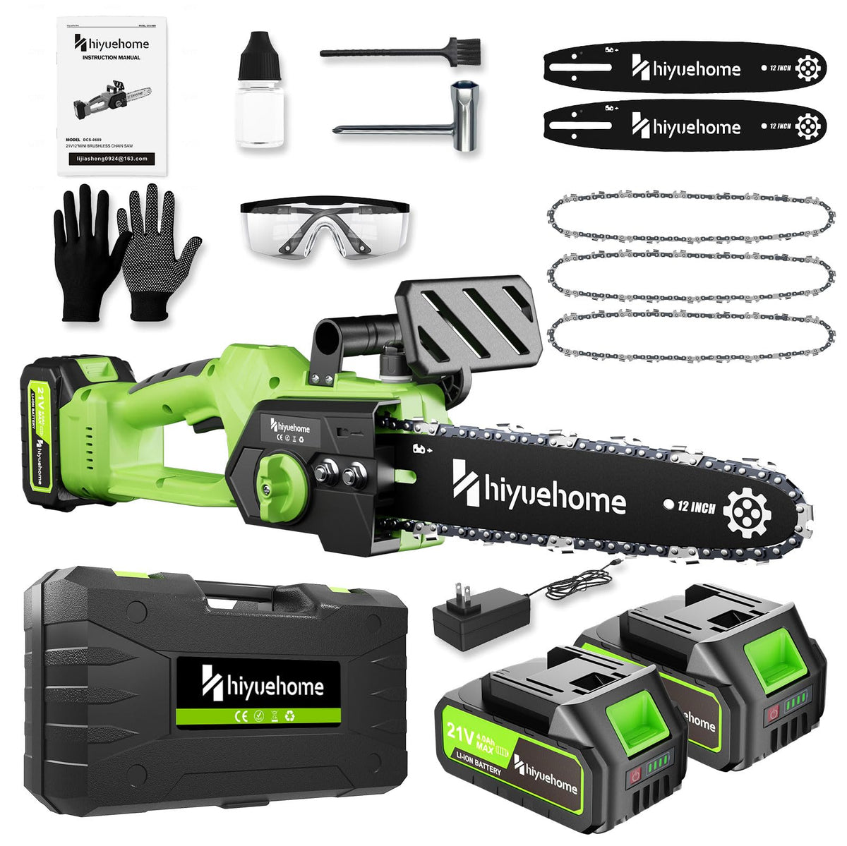 Hiyuehome 12-inch cordless chainsaw with dual batteries for quick trimming