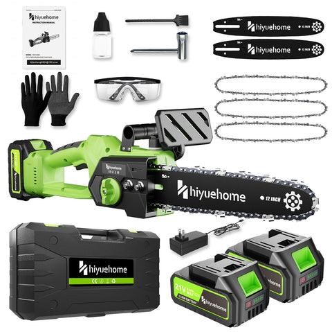 Hiyuehome 12-inch cordless chainsaw with dual batteries for quick trimming