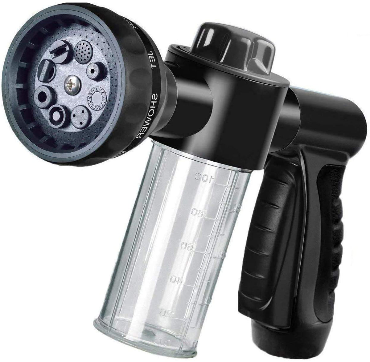 Hjkiopc garden hose nozzle displaying eight spray patterns for versatile outdoor use.