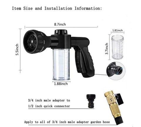 Soap sprayer attachment on Hjkiopc nozzle enables on demand car washing.