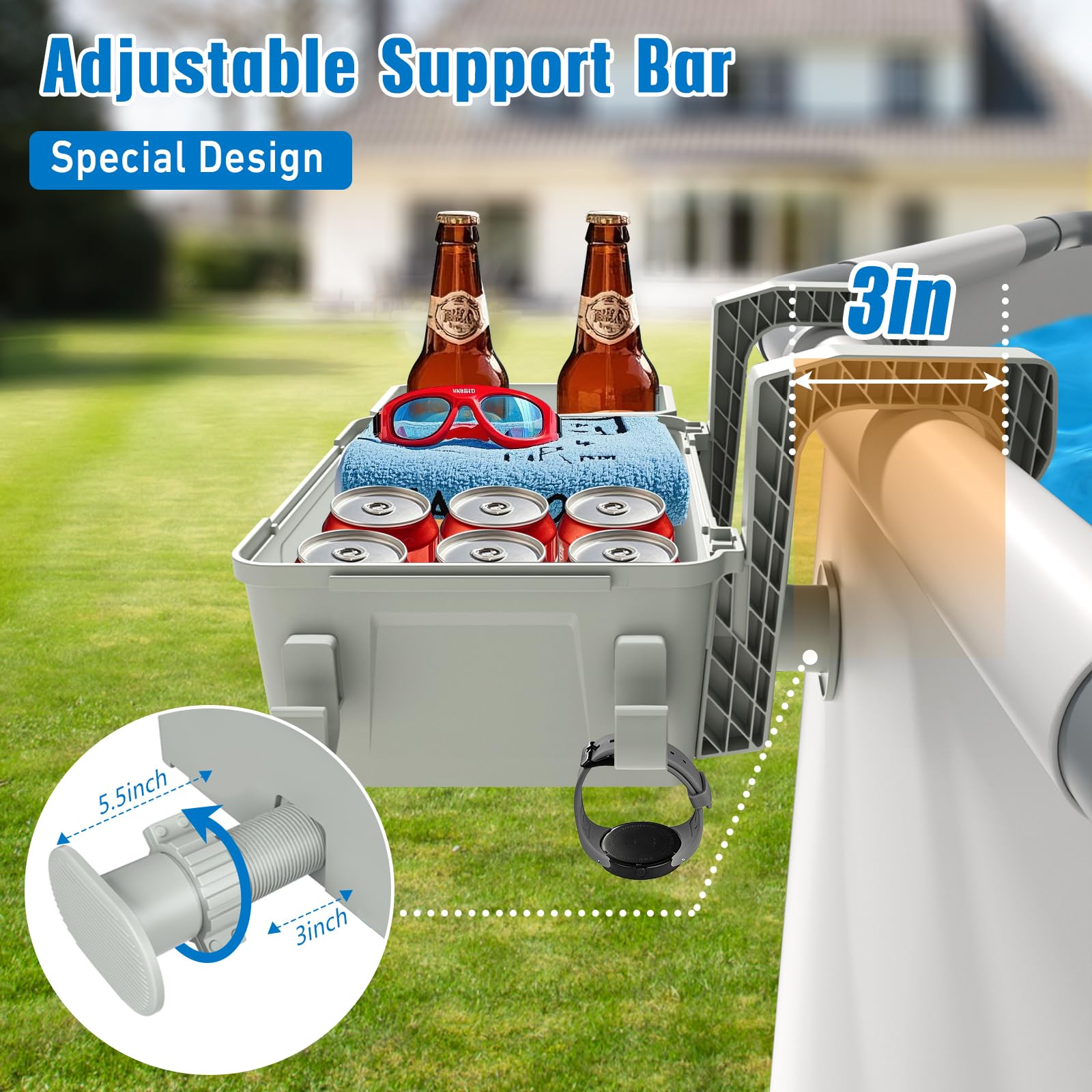 HKQ support bar strengthens basket grip on pool wall.