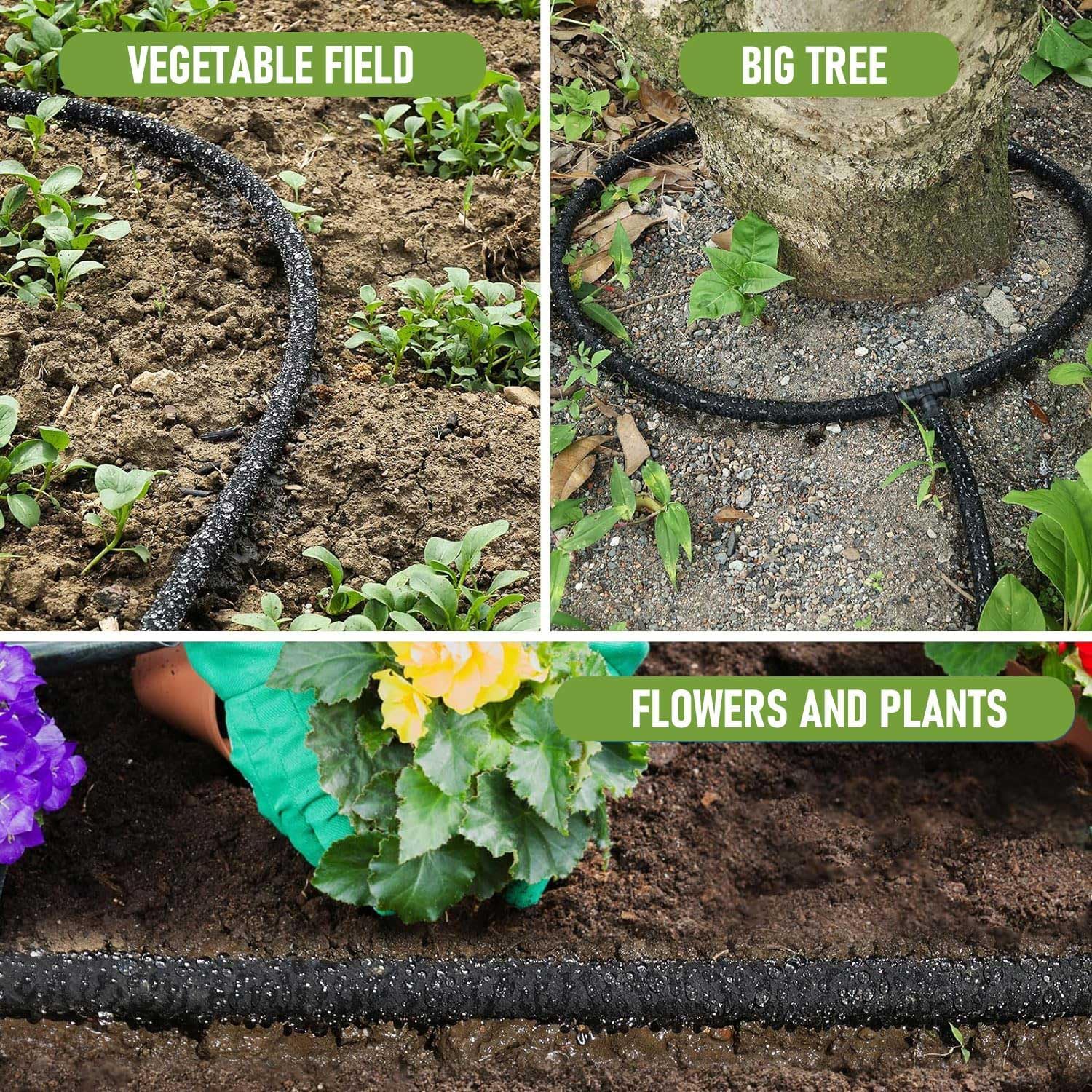 Garden installation scene showing easy setup of Hkvoxim soaker system.
