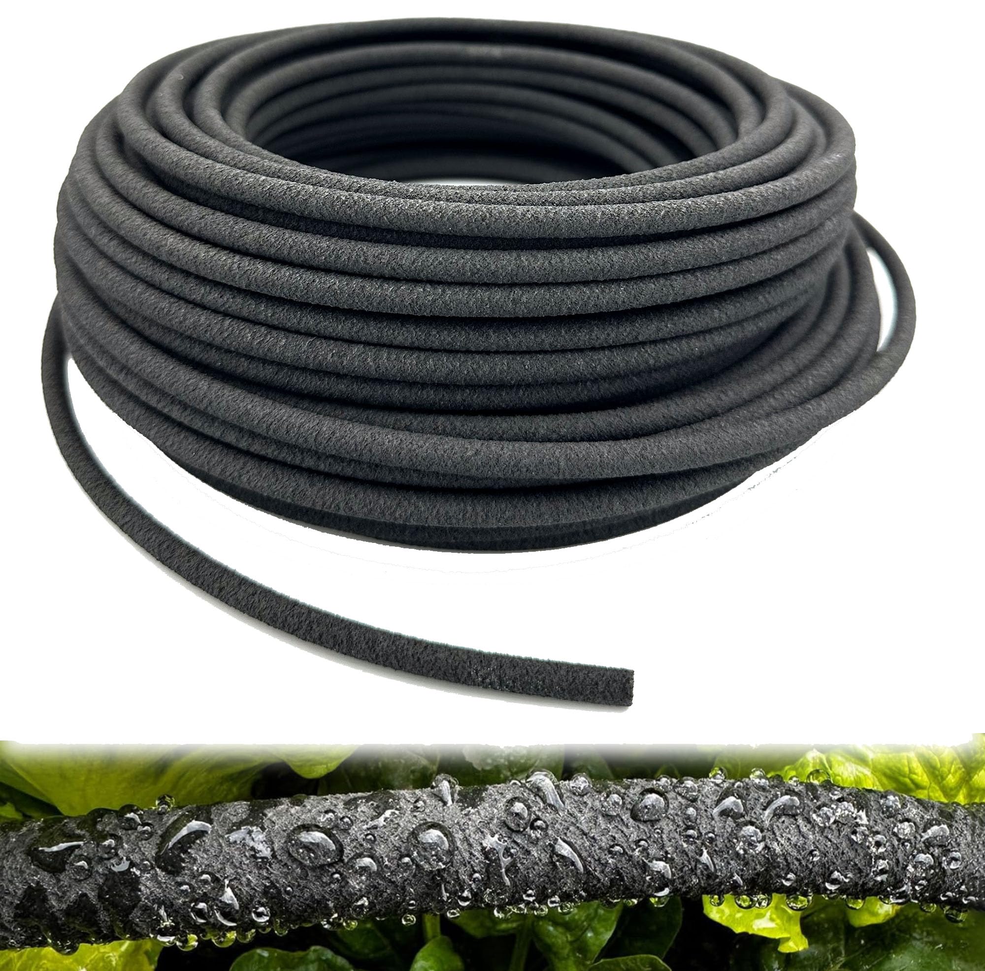 Hkvoxim 1/4-inch soaker hose laid along garden bed for efficient watering.