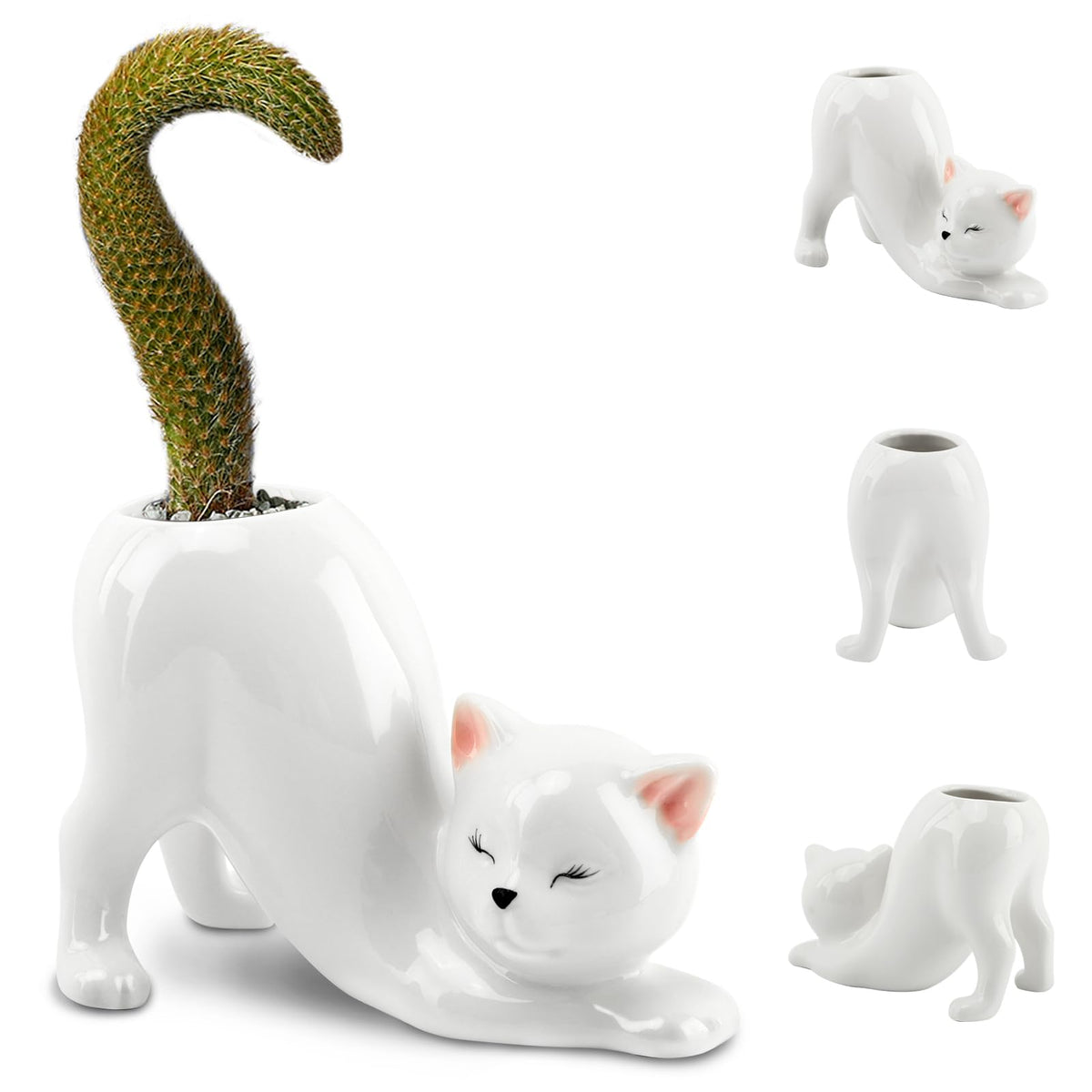 HKZTUY tailless cat ceramic planter on a desk ideal for small succulents.