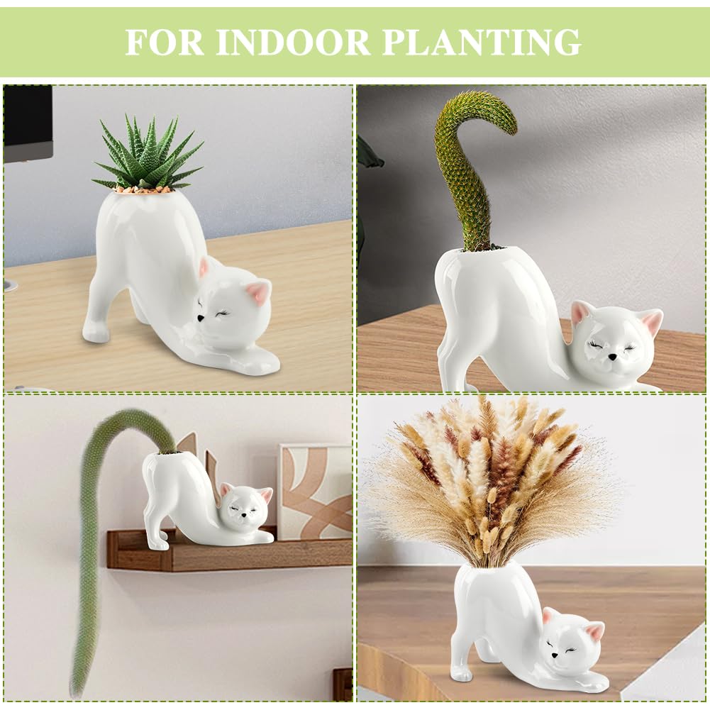 HKZTUY tailless cat planter on a shelf enhances indoor greenery.