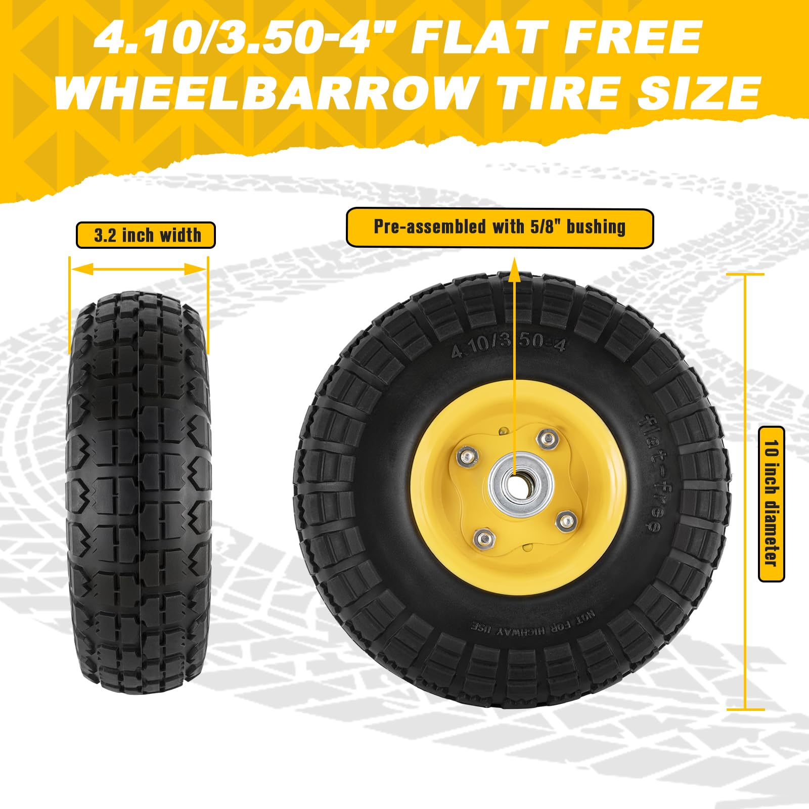 HLHgirl 10-inch flat-free tire side view emphasizing shock absorption on uneven pavements.