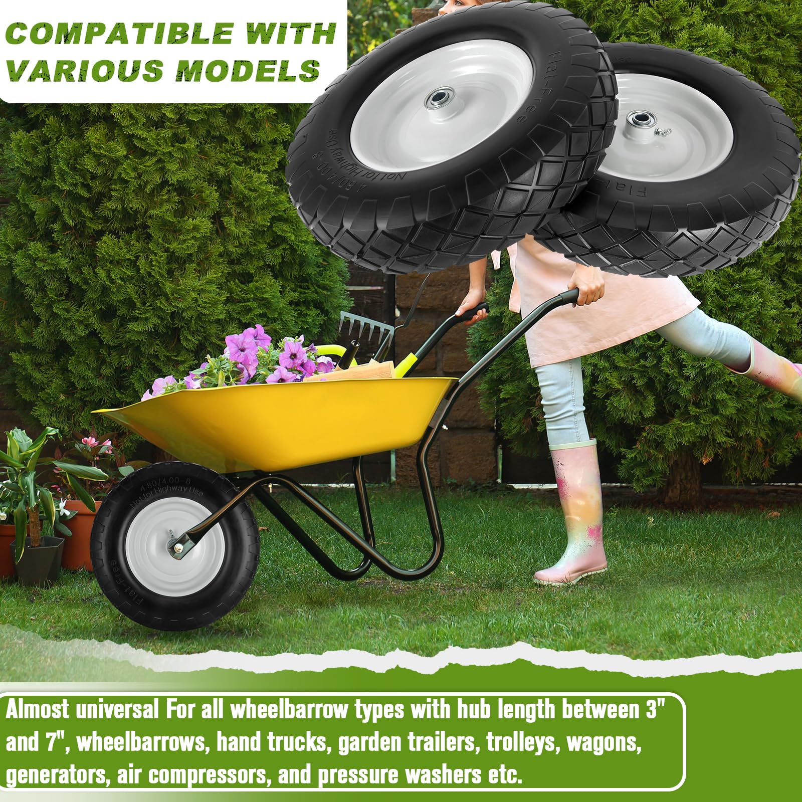 HLHgirl 14.5 inch flat-free wheel for wheelbarrows and hand trucks.