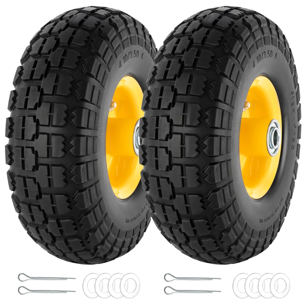HLHgirl 4.10/3.50-4 tire and wheel close-up highlighting flat-free reliability for outdoor use.