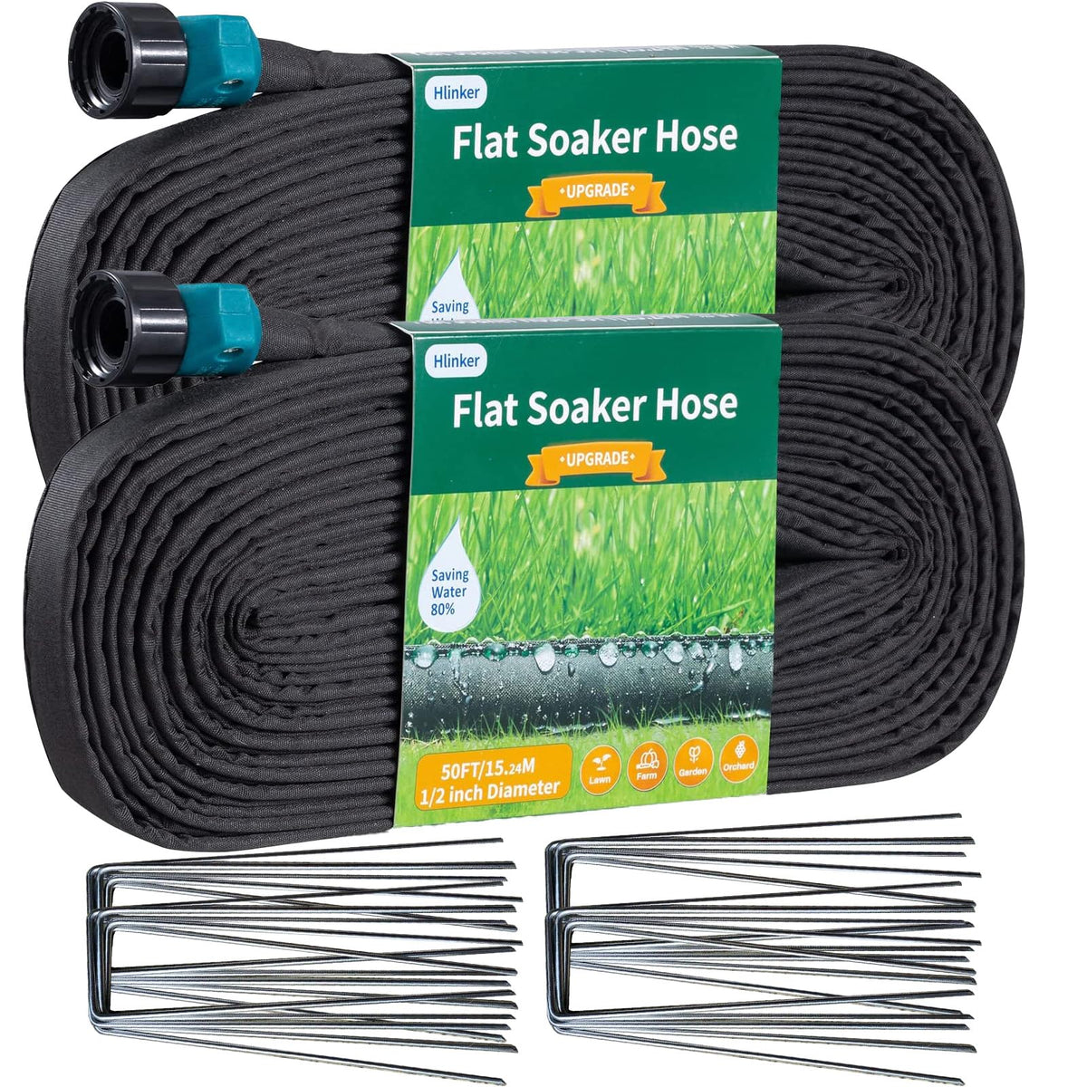 Hlinker 100 ft flat soaker hose laid along flower beds for even root watering.