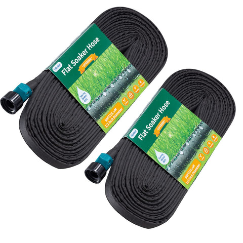 Hlinker flat soaker hose 100ft provides uniform irrigation across garden beds.