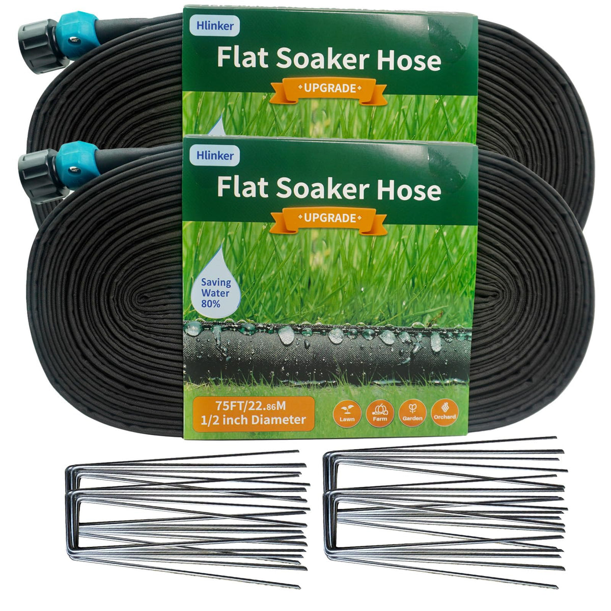 Hlinker flat soaker hose 150ft delivers slow, even watering to garden beds.