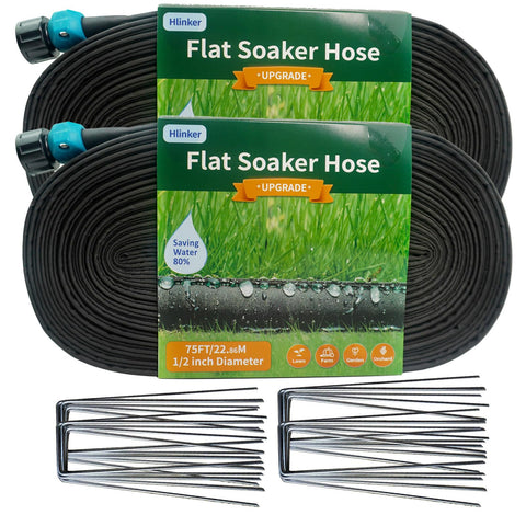 Hlinker flat soaker hose 150ft delivers slow, even watering to garden beds.
