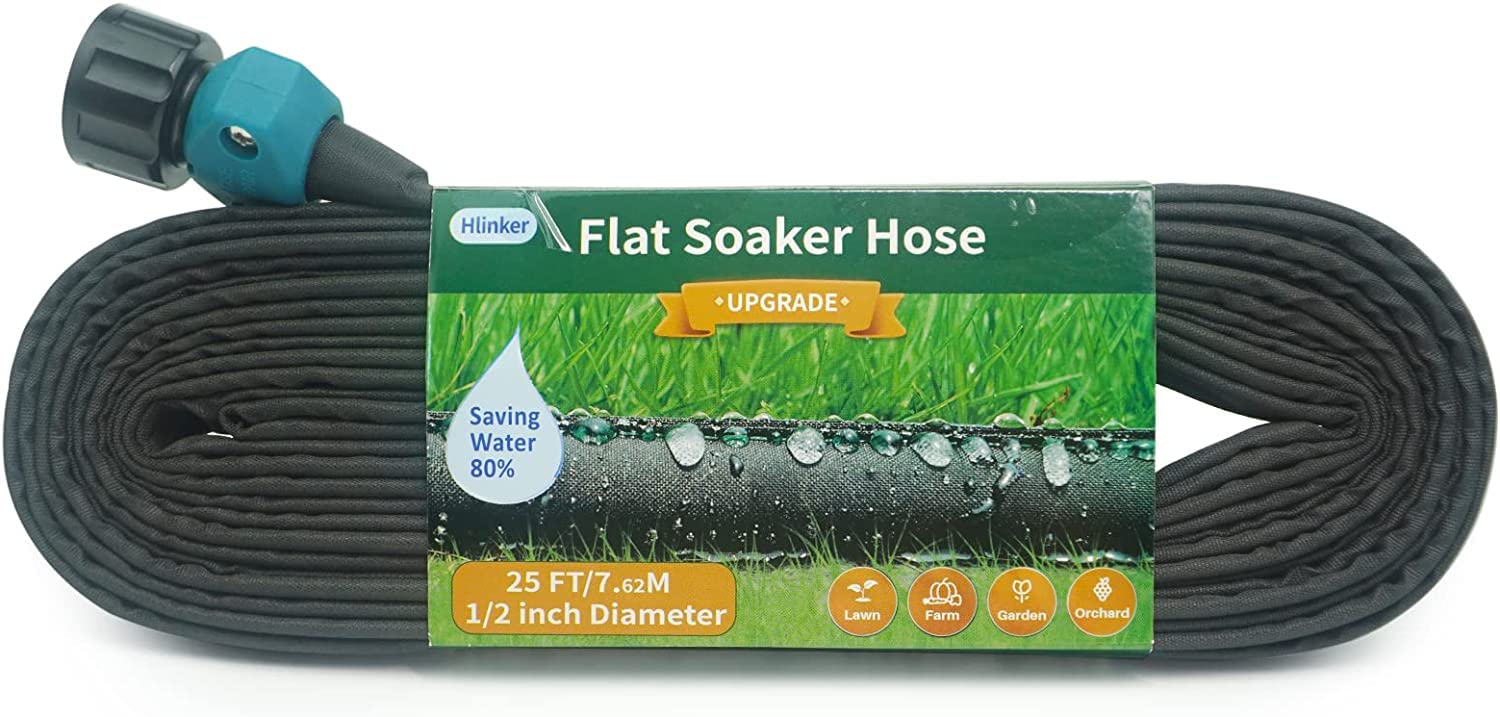 Hlinker flat soaker hose 25ft spread evenly across garden beds for efficient watering