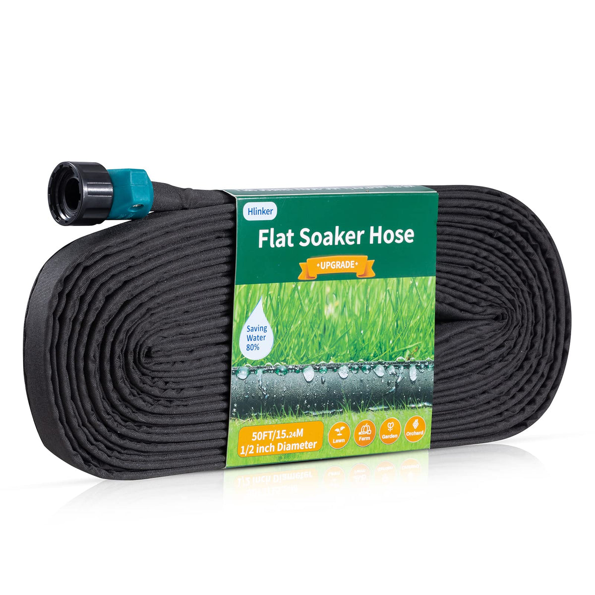 Hlinker flat soaker hose rolled, ready for storage and setup.