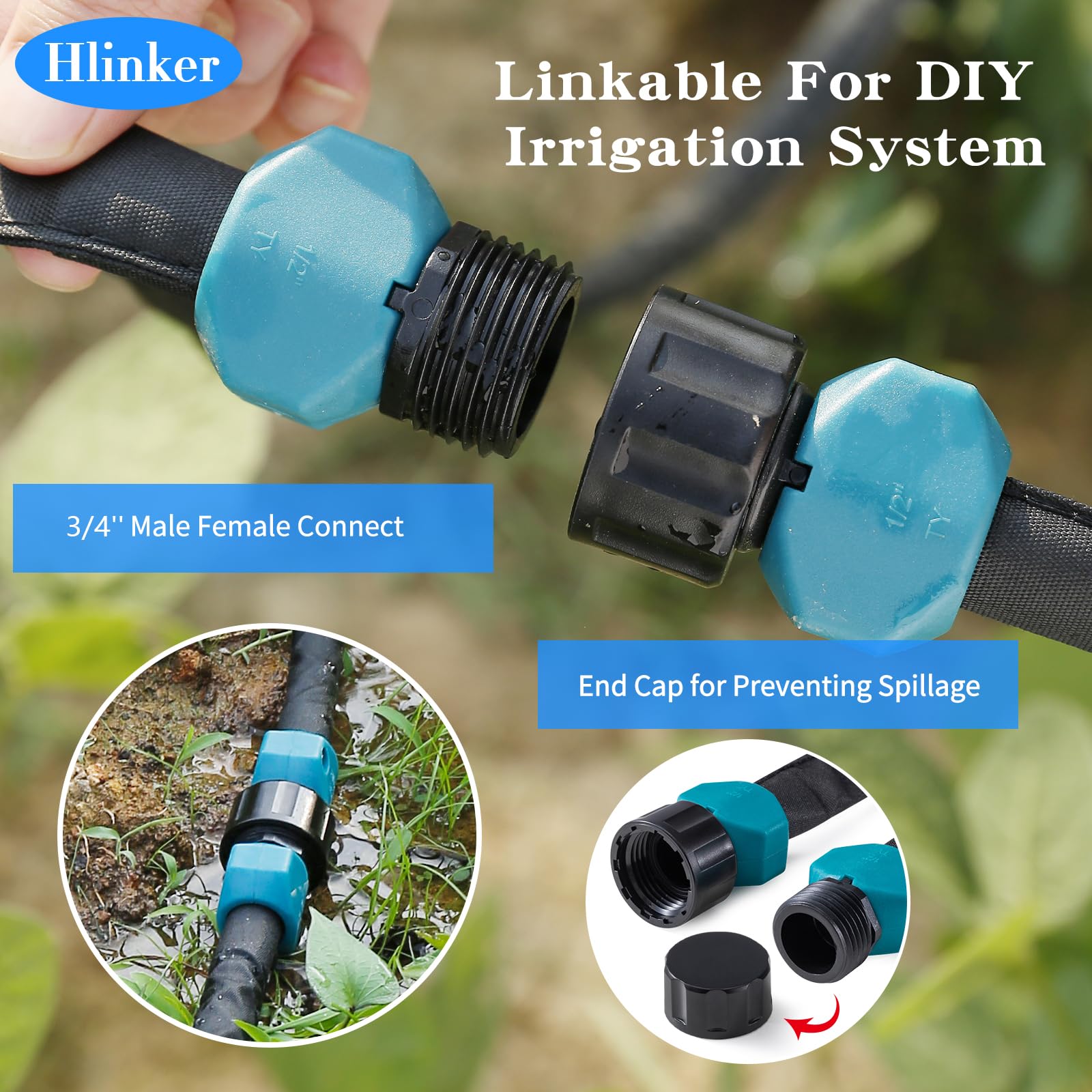 Hlinker end-cap connection maintains leak-free joints for multiple hoses.