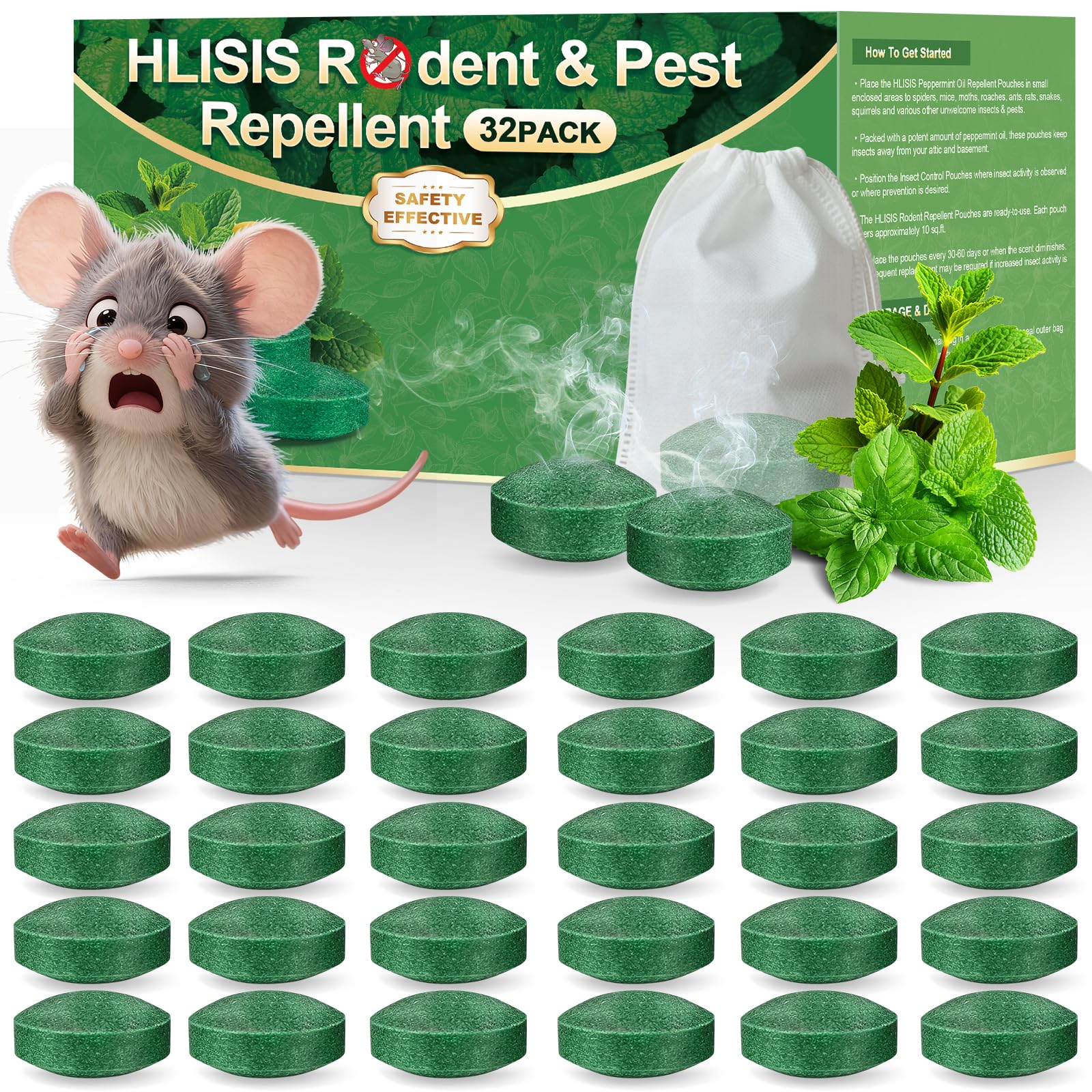 HLISIS 32pcs Mouse Repellent packaging shown for natural pest deterrence.