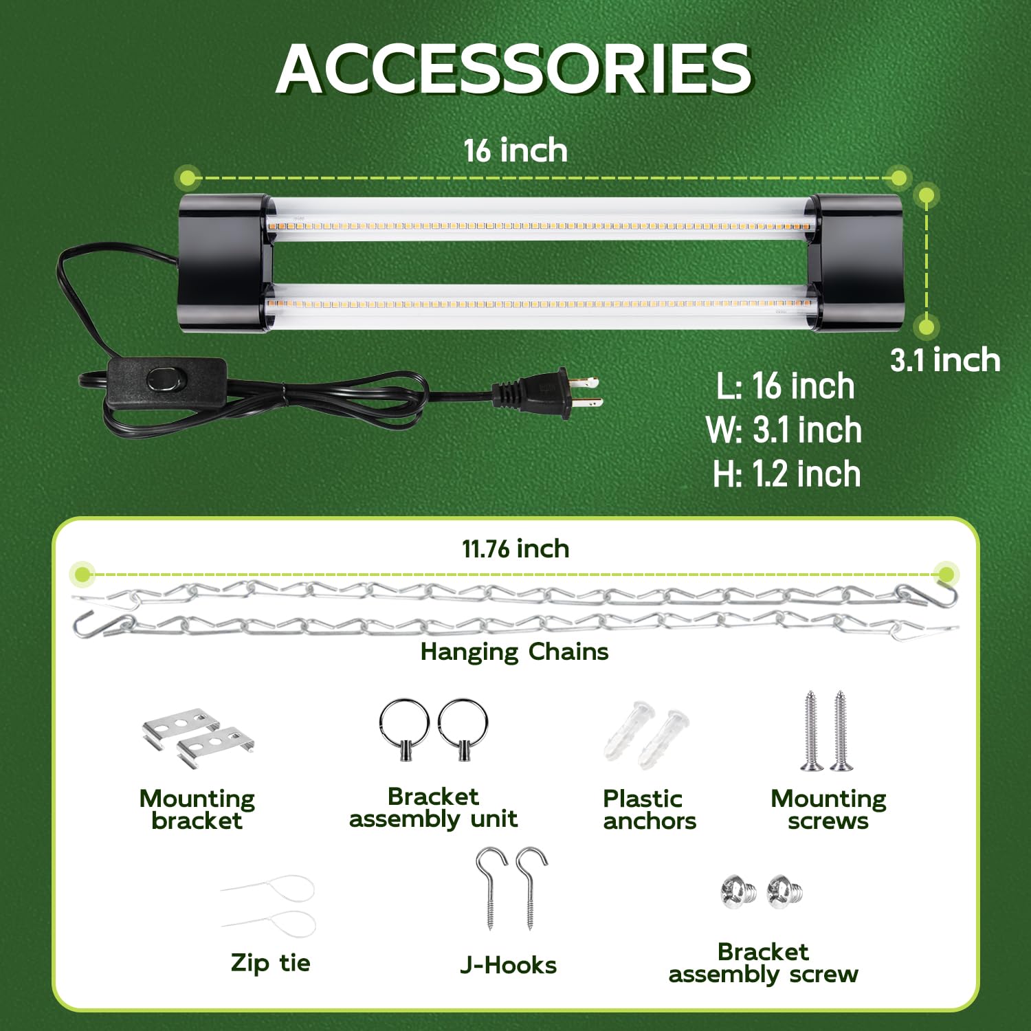 HLite installation hardware includes screws hooks and chains for secure mounting.