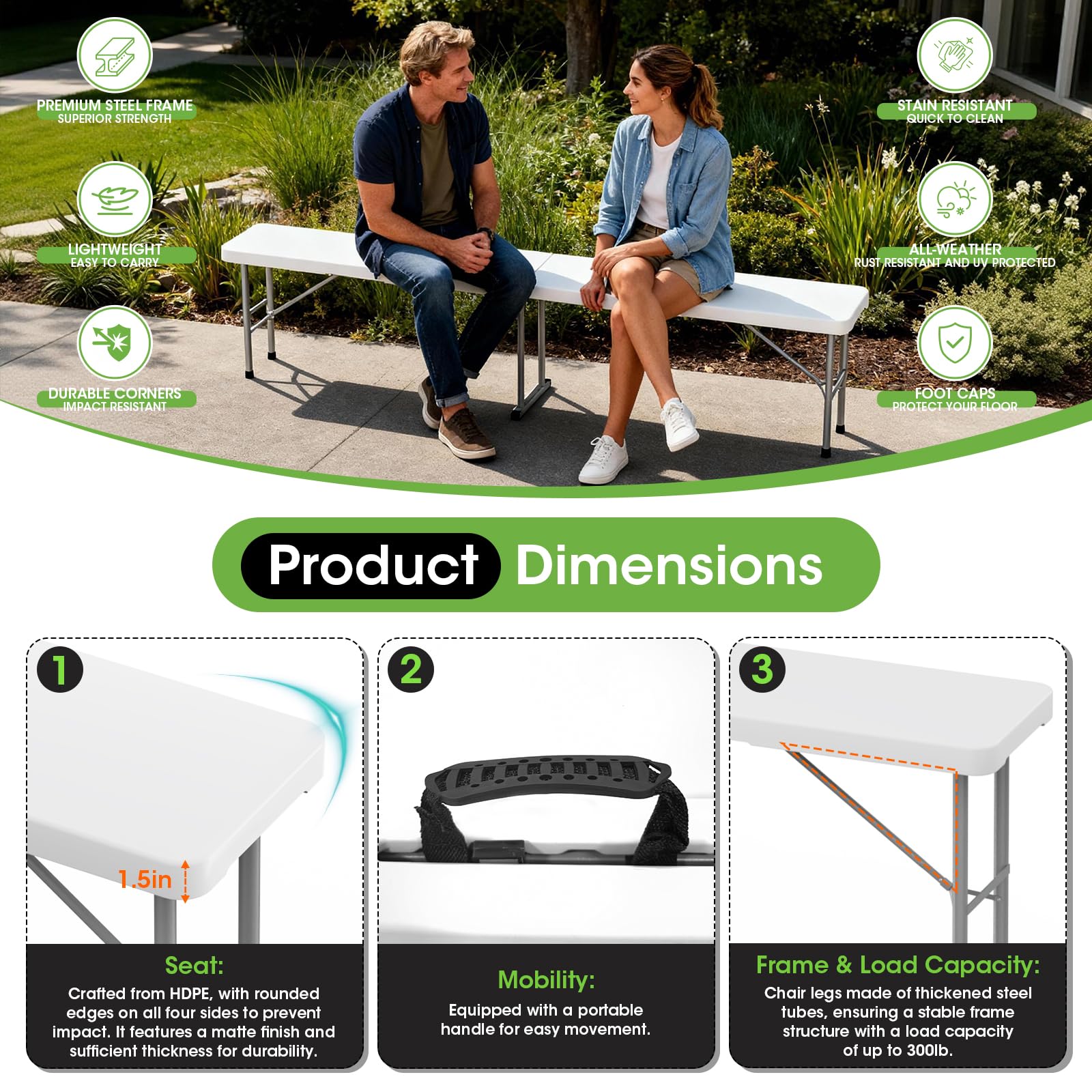 HLPB folding bench 6ft safety lock detail underlines stable setup