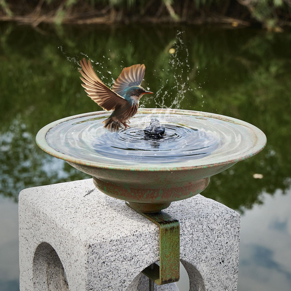 HLQMFHT solar bird bath on deck mount attracts birds and adds garden charm.